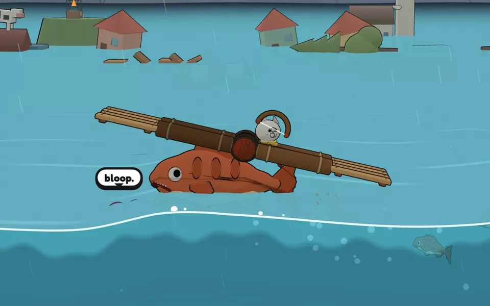 A giant orange fish bursts out of the flood under a critter's log raft, tipping it up.